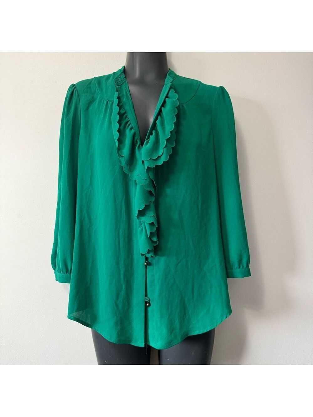 Anthropologie x HD in Paris Green Ruffled Blouse with Mandarin Collar Size 10